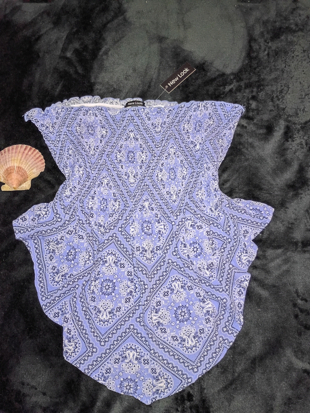 New Look Lavender -Blue Paisley Strapless Ruffle Bodice Top